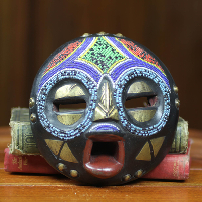 African beaded wood mask, 'Okyeame' - Colorful African Tribal Linguist Mask Crafted by Hand