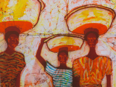 Batik art, 'Packers' - Ghanaian Women Packers Batik Wall Art