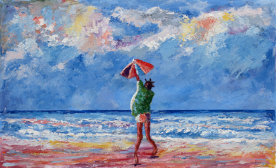 'Fly Me' - Child Playing on Ghanaian Beach Signed Painting