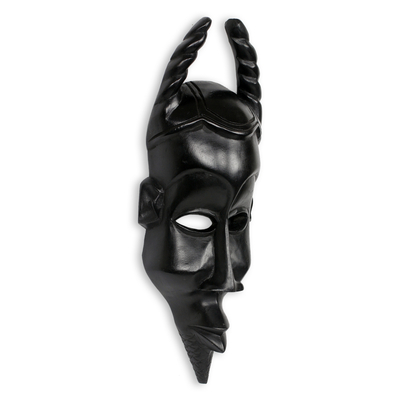 African wood mask, 'Fearless Courage' - African War Mask with Horns Wood Akan Tribe