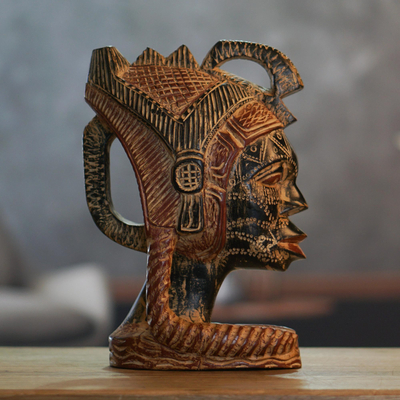 Wood sculpture, 'Woman Warrior' - Unique Hand Carved Ghanaian Cultural Wood Sculpture
