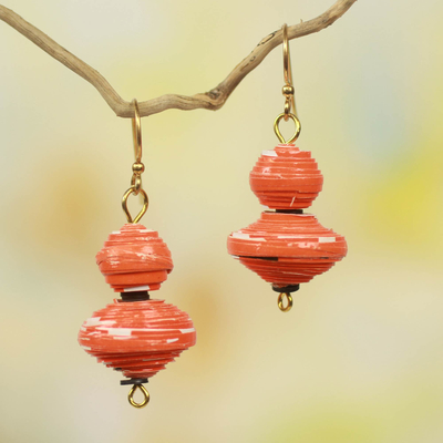 Recycled paper dangle earrings, 'Taifa Tangerine' - Orange Handmade Earrings with Recycled Paper