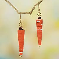 Recycled paper dangle earrings, 'Heartfelt Smile' - Handmade Orange Paper Recycled Earrings