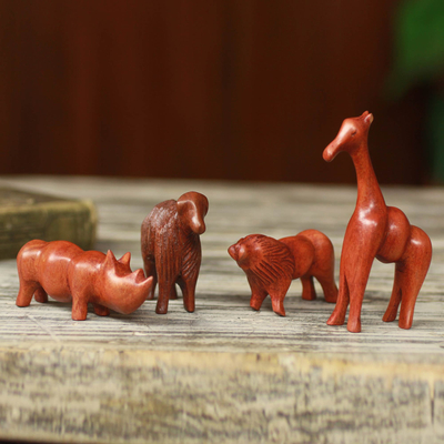 Esculturas de teca, (juego de 4) - Esculturas de vida silvestre africana hechas a mano artesanalmente (juego de 4)