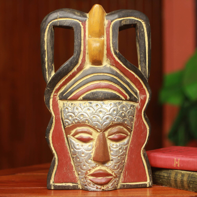Máscara africana, 'Madre Akan' - Máscara africana rústica multicolor