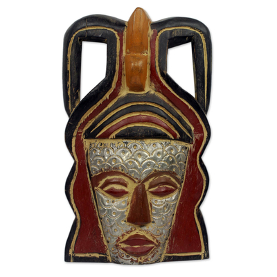 African mask, 'Akan Mother' - Multicolor Rustic African Mask