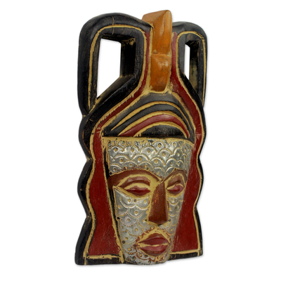 African mask, 'Akan Mother' - Multicolor Rustic African Mask