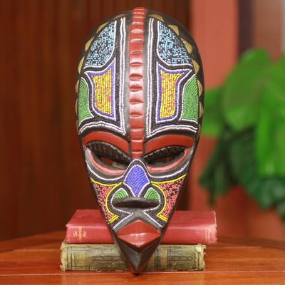 African beaded wood mask, 'Proud Hausa Warrior' - Authentic African Mask