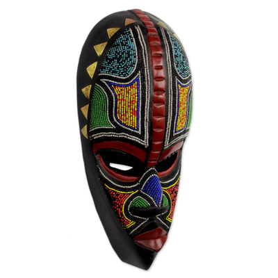 African beaded wood mask, 'Proud Hausa Warrior' - Authentic African Mask