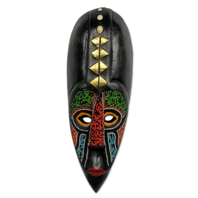 African beaded wood mask, 'Akan Authority' - Handcrafted Beaded African Mask from Ghana
