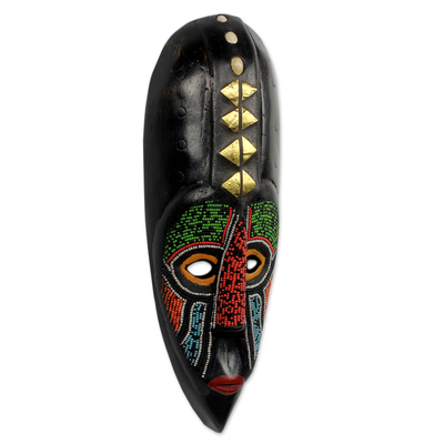 Máscara africana de madera con cuentas, 'Autoridad Akan' - Máscara africana con cuentas hecha a mano de Ghana