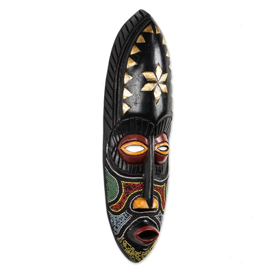 Akan wood mask, 'Star Guide' - Red and Black Beaded African Mask