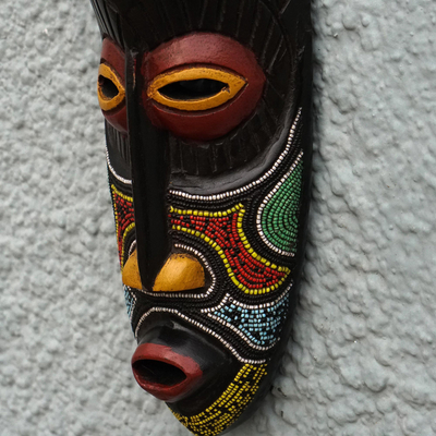 Akan wood mask, 'Star Guide' - Red and Black Beaded African Mask