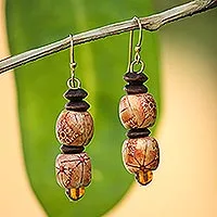 Wood dangle earrings, 'Peace' - African Handmade Eco Friendly Wood Bead Earrings