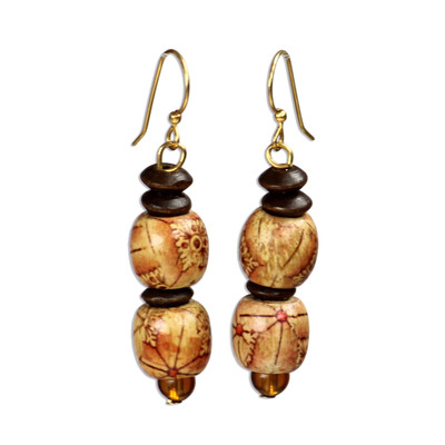 Wood dangle earrings, 'Peace' - African Handmade Eco Friendly Wood Bead Earrings