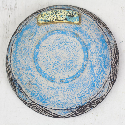 Ceramic catchall, 'Blue Ewe Agbah' - Hand Crafted Aged Ceramic Catchall For Decorative Use Only