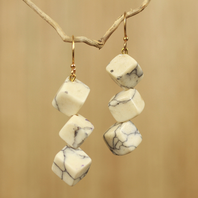 Agate dangle earrings, 'Aseda' - Artisan Crafted Earrings with White Agate Cubes
