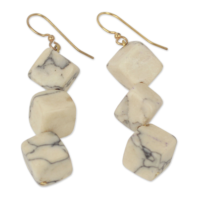 Agate dangle earrings, 'Aseda' - Artisan Crafted Earrings with White Agate Cubes