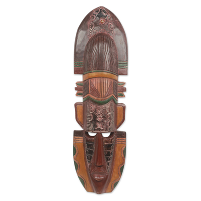 Máscara de madera africana, 'Passion' - Máscara de madera africana original con metal en relieve