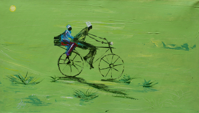 'Transportation' - Expressionist Green Bicycle Theme Painting from Ghana