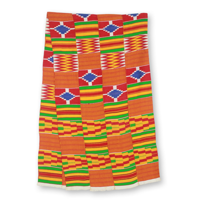Cotton blend kente scarf, 'Shield' (4 strips) - 4 Strips Handwoven Red Yellow Green African Kente Scarf