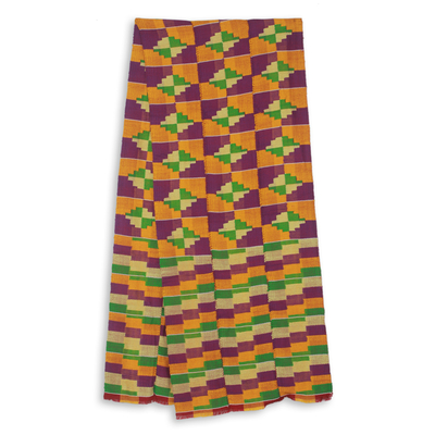 Cotton blend kente scarf, 'Wisdom for Two' (3 strips) - Three Strips Handwoven Yellow and Purple African Kente Scarf