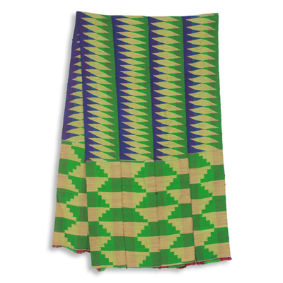 Bufanda de kente en mezcla de algodón, 'Dedo de la Sabiduría' (4 tiras) - Bufanda africana de kente de cuatro tiras tejida a mano en verde y azul