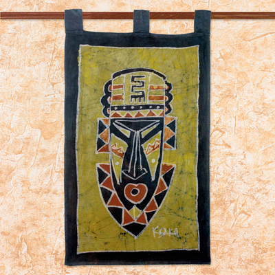 Cotton batik wall hanging, 'Take Initiative' - African Mask Theme Artisan Crafted Batik Wall Hanging