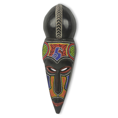 African beaded wood mask, 'Anuli' - Unique Hand Beaded Wood African Decorative Mask
