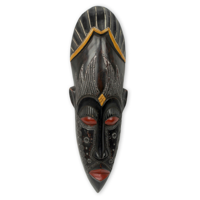 African wood mask, 'Amadi' - Hand Carved Wood Mask with Embossed Metal Plates