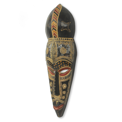 African wood mask, 'Marriage Proposal' - Elegant Hand Carved African Mask with Repousse Accents