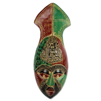 Red and Green Hand Carved African Mask from Ghana