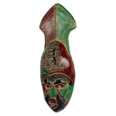 Máscara africana - Máscara africana roja y verde tallada a mano de Ghana