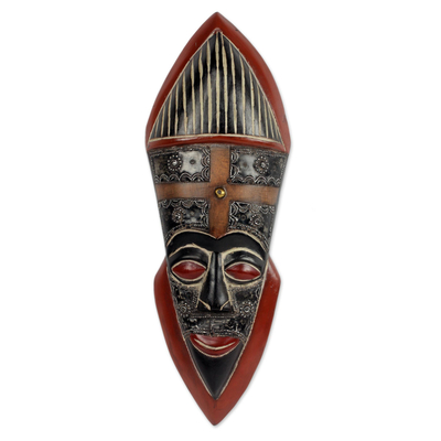 African wood mask, 'Oboafo Helper' - African Sese Wood Aluminum and Brass Mask from Ghana