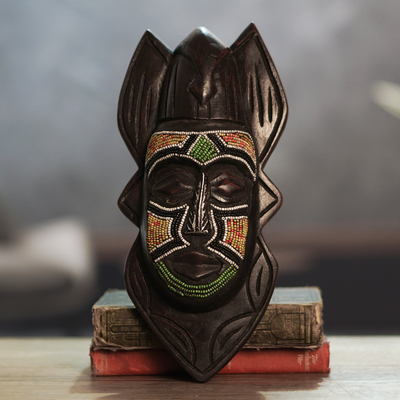 African beaded wood mask, 'Dove Anoma Ba' - Recycled Glass Beaded African Wood Dove Mask from Ghana