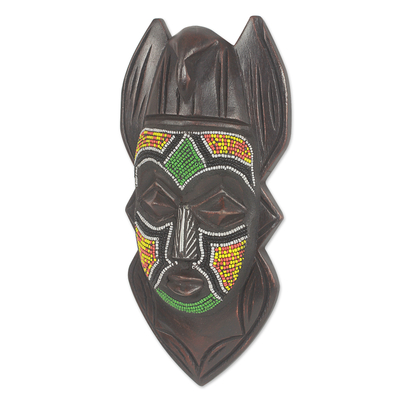 Afrikanische Perlenmaske aus Holz - Afrikanische Holztaubenmaske aus recycelten Glasperlen aus Ghana