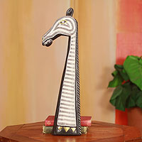 African wood carving, 'Zebra Totem' - African Wall Carving with Beadwork and Brass Trim