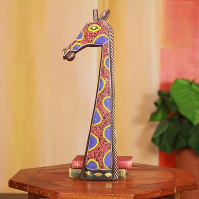 African beaded wood carving, 'Psychedelic Giraffe' - Beaded African Wood Wall Carving in Orange and Blue