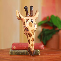 African wood mask, 'Noble Giraffe' - Fair Trade African Wood Wall Mask Carved by Hand in Ghana