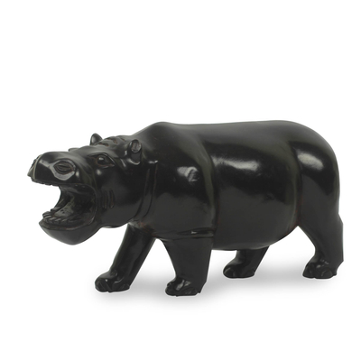 Wood sculpture, 'Black Hippo' - Hand Carved and Painted Wood Sculpture From Africa