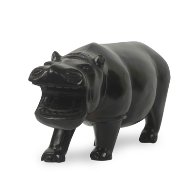 Wood sculpture, 'Black Hippo' - Hand Carved and Painted Wood Sculpture From Africa