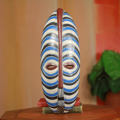 African mask, 'Brotherly Love' - Blue and White Stripes African Mask from Ghana