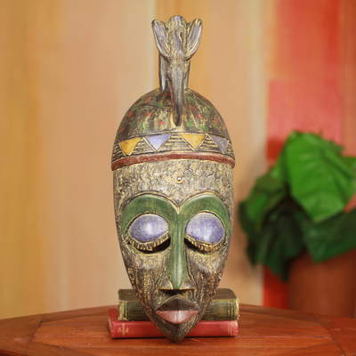 African wood mask, 'Nhyira' - Fair Trade African Mask Carved by Hand with Dove on Crown