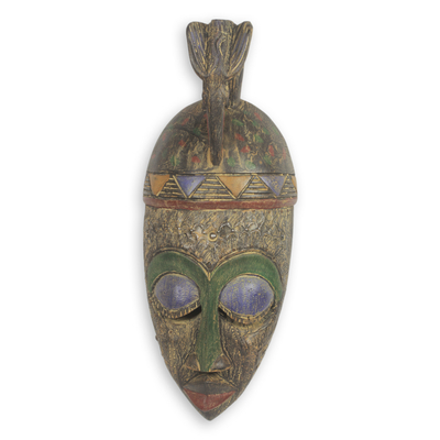 Máscara de madera africana - Máscara africana de comercio justo tallada a mano con paloma en la corona
