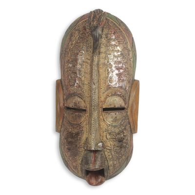 Máscara de madera africana - Máscara africana original hecha a mano con madera local y metal