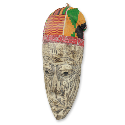 African mask, 'Elder Ewe Gentleman' - Ewe Tribal African Mask with Kente Cloth from Ghana