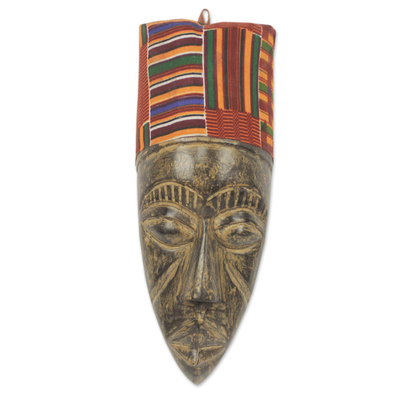 Hand Carved African Mask with Ghanaian Kente Cloth