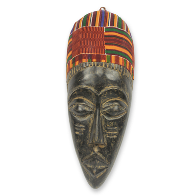 African mask, 'Man from Kumawu' - Hand Carved Ashanti Tribal African Mask with Kente Cloth