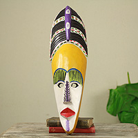 African wood mask, 'Obaa Yaa' - Painted African Wood Mask of Akan Woman Crafted by Hand