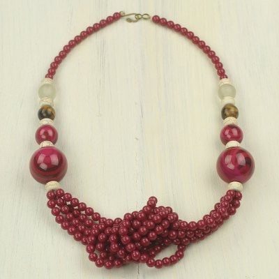 Recycled bead necklace, 'Regenerate' - Handcrafted Recycled Bead Necklace with Tiger's Eye
